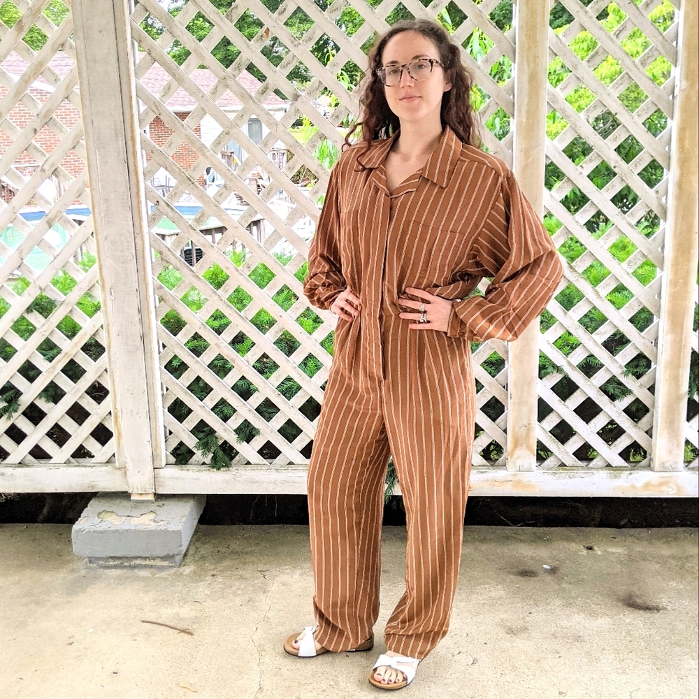 Vintage Retro Pinstriped Silky Long Sleeved Button Down Jumpsuit